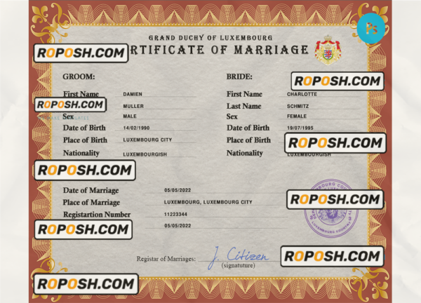 Luxembourg marriage certificate PSD template, fully editable scan effect