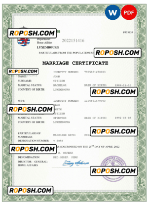 Luxembourg marriage certificate Word and PDF template, completely editable