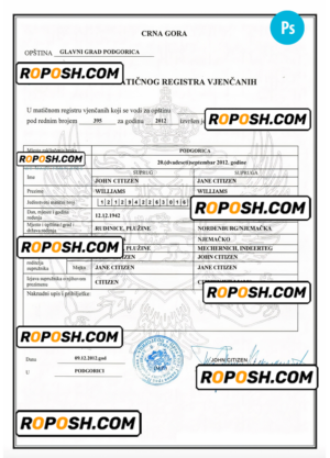 MONTENEGRO (Crna Gora) marriage certificate PSD template, fully editable