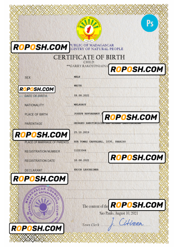 Madagascar birth certificate PSD template, completely editable