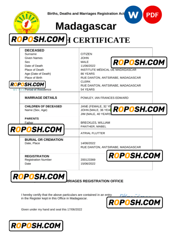 Madagascar vital record death certificate Word and PDF template