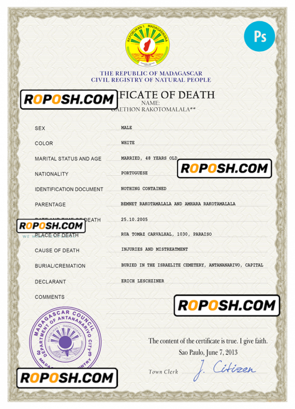 Madagascar vital record death certificate PSD template, fully editable