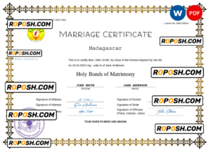 Madagascar marriage certificate Word and PDF template, fully editable