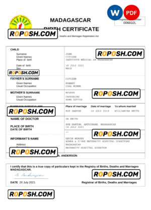 Madagascar vital record birth certificate Word and PDF template, completely editable