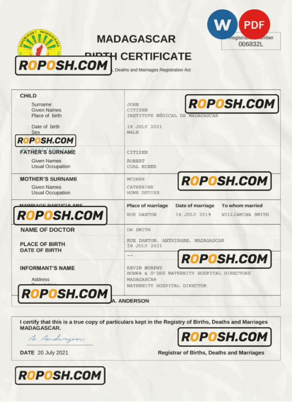 Madagascar vital record birth certificate Word and PDF template, completely editable