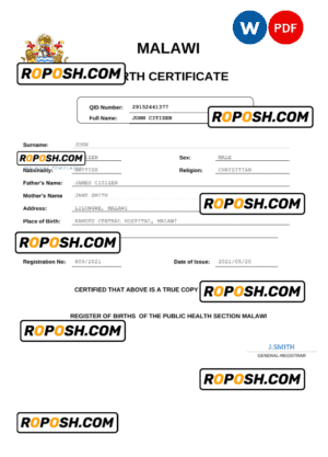 Malawi birth certificate Word and PDF template, completely editable