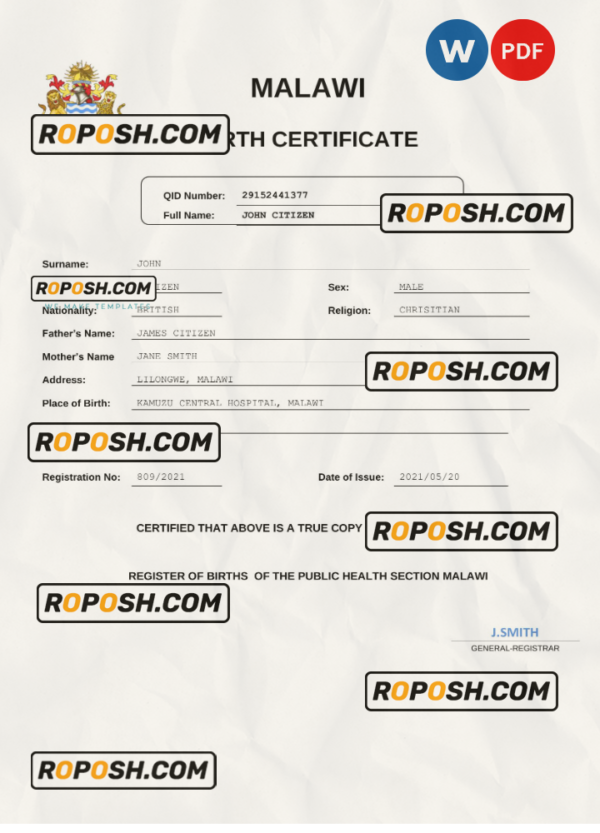 Malawi birth certificate Word and PDF template, completely editable scan effect