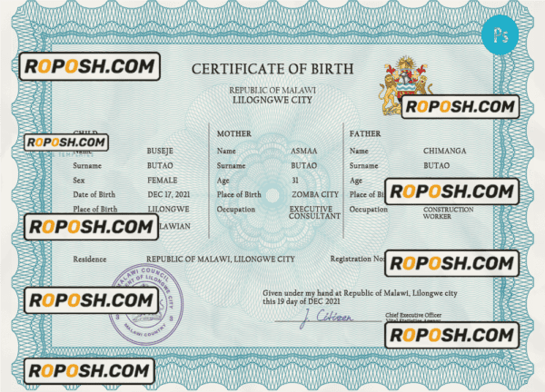 Malawi vital record birth certificate PSD template