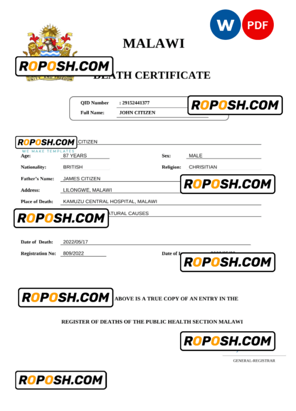 Malawi vital record death certificate Word and PDF template