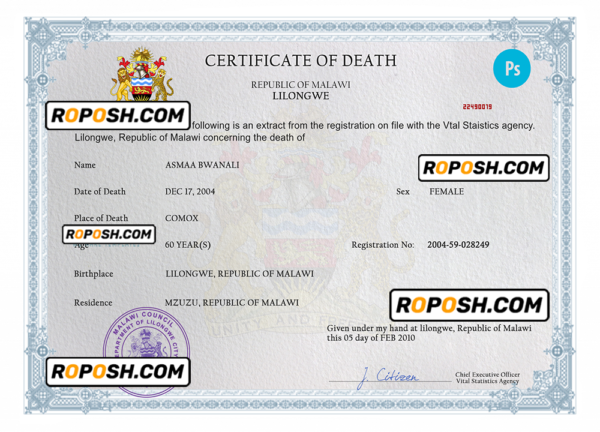 Malawi death certificate PSD template, completely editable