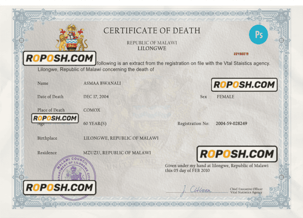 Malawi death certificate PSD template, completely editable