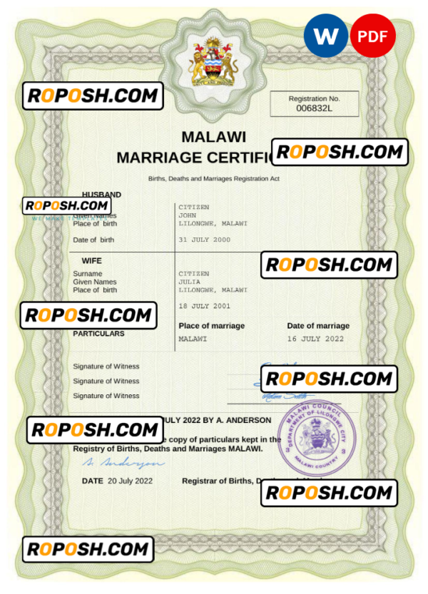 Malawi marriage certificate Word and PDF template, completely editable