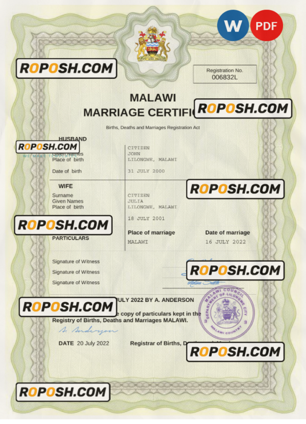Malawi marriage certificate Word and PDF template, completely editable scan effect