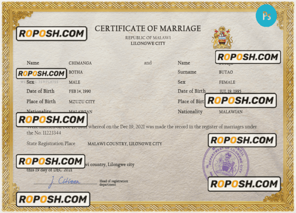 Malawi marriage certificate PSD template, fully editable