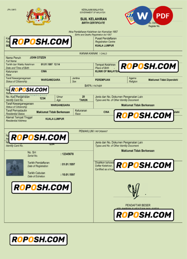 Malaysia birth certificate Word and PDF template, completely editable