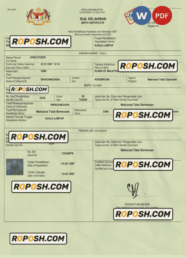 Malaysia birth certificate Word and PDF template, completely editable