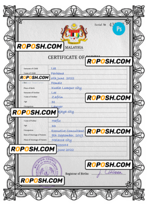 Malaysia vital record birth certificate PSD template, fully editable