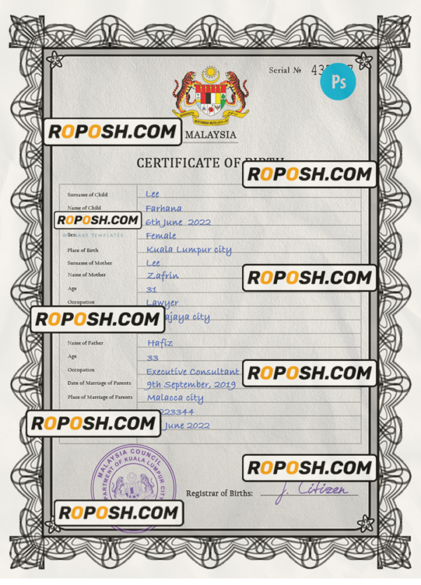 Malaysia vital record birth certificate PSD template, fully editable scan effect