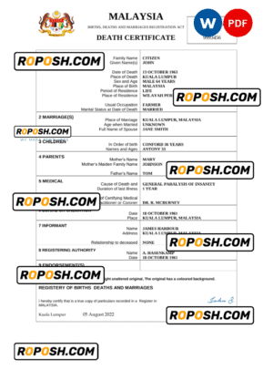 Malaysia death certificate Word and PDF template, completely editable