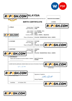 Malaysia vital record birth certificate Word and PDF template, completely editable