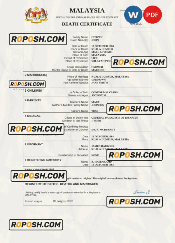 Malaysia death certificate Word and PDF template, completely editable