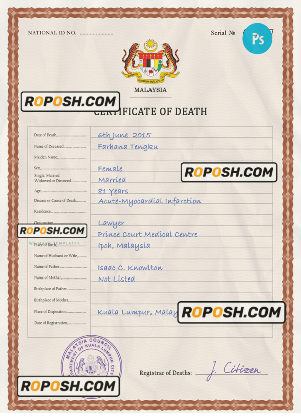 Malaysia death certificate PSD template, completely editable scan effect