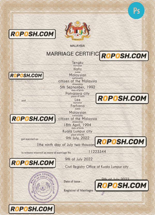 Malaysia marriage certificate PSD template, completely editable