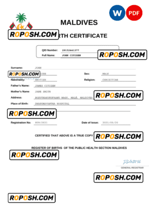 Maldives birth certificate Word and PDF template, completely editable