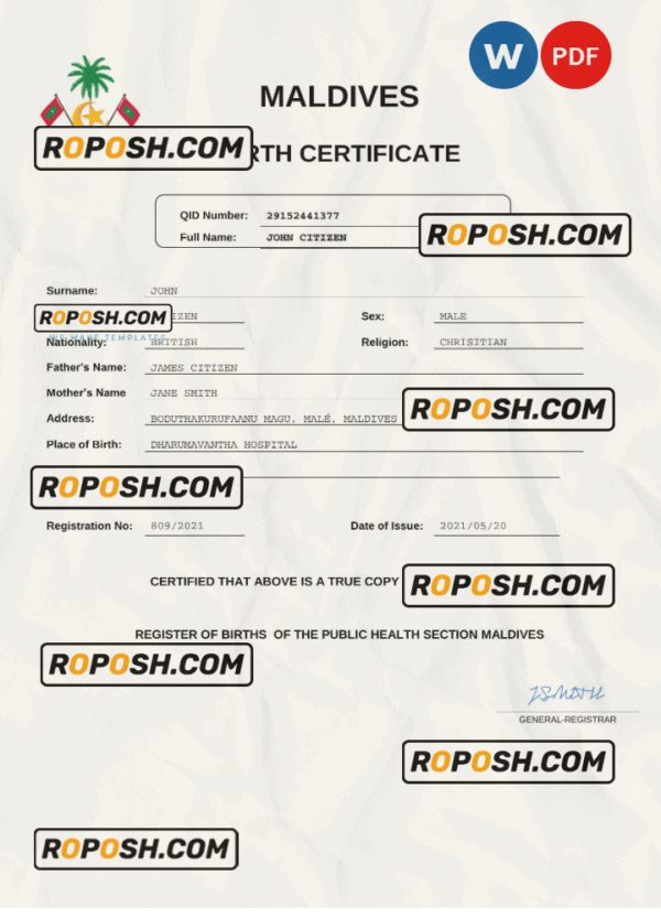 Maldives birth certificate Word and PDF template, completely editable