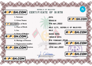 Maldives vital record birth certificate PSD template, fully editable