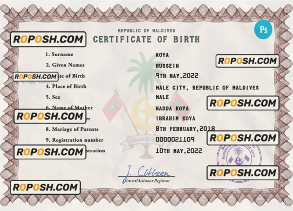 Maldives vital record birth certificate PSD template, fully editable scan effect