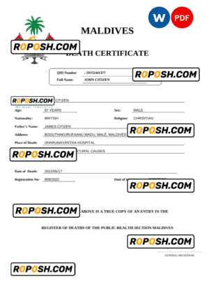 Maldives vital record death certificate Word and PDF template