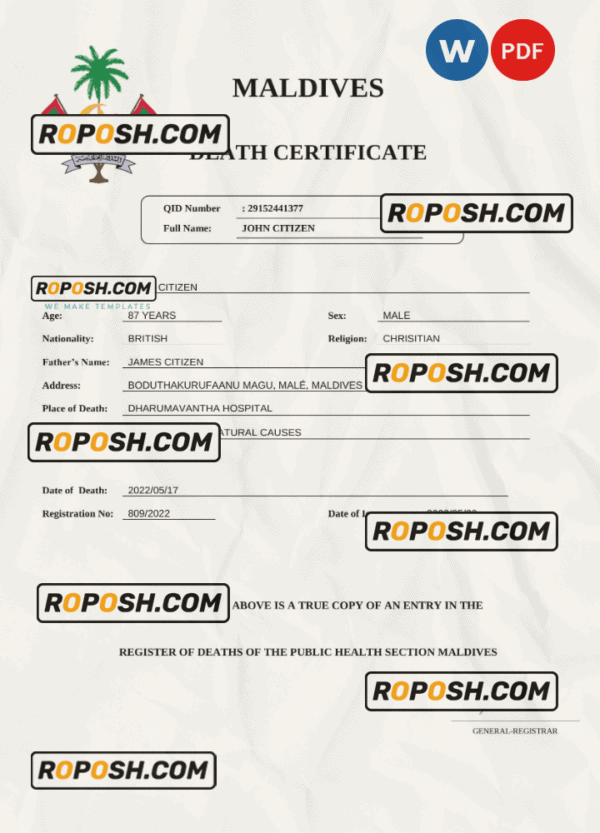 Maldives vital record death certificate Word and PDF template