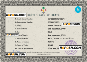 Maldives vital record death certificate PSD template, completely editable