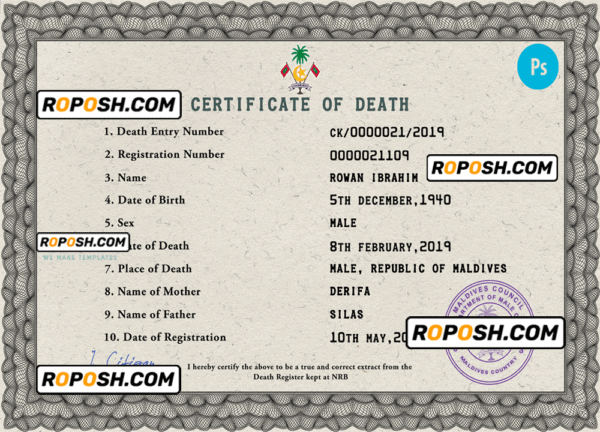 Maldives vital record death certificate PSD template, completely editable