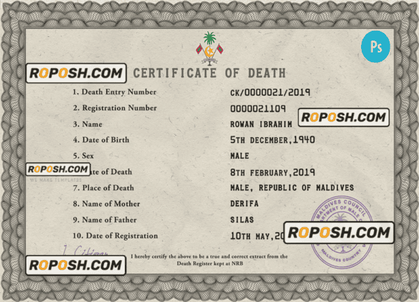 Maldives vital record death certificate PSD template, completely editable