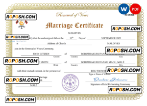 Maldives marriage certificate Word and PDF template, completely editable