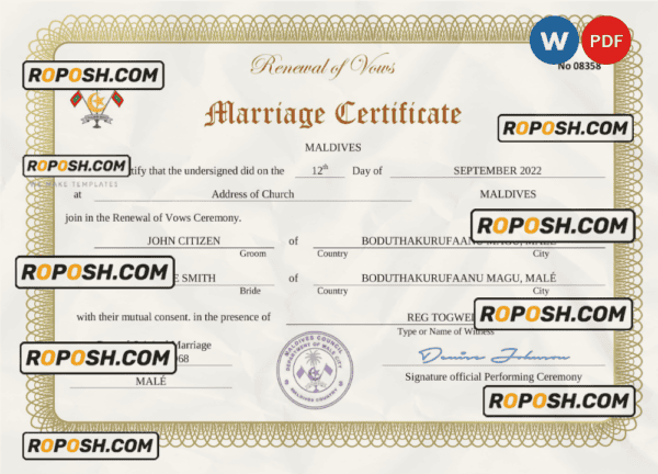 Maldives marriage certificate Word and PDF template, completely editable