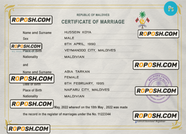 Maldives marriage certificate PSD template, fully editable scan effect