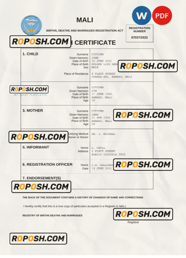 Mali vital record birth certificate Word and PDF template, completely editable scan effect