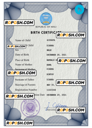 Mali birth certificate PSD template, completely editable