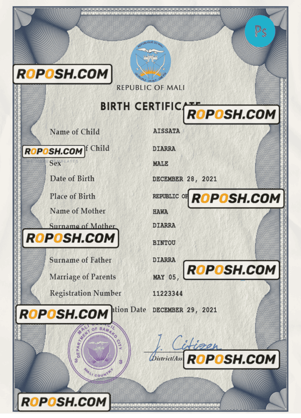 Mali birth certificate PSD template, completely editable