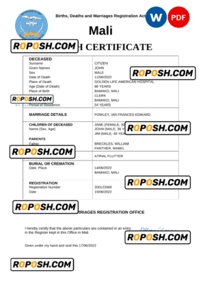 Mali vital record death certificate Word and PDF template