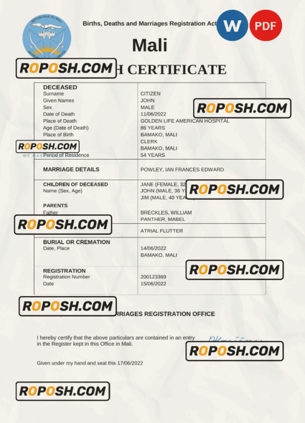 Mali vital record death certificate Word and PDF template