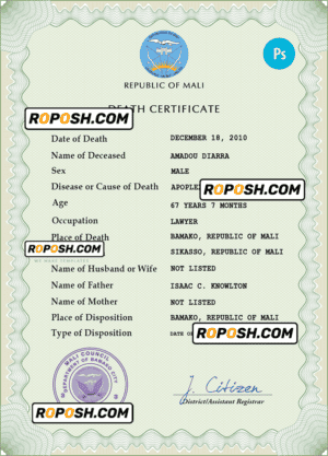 Mali death certificate PSD template, completely editable