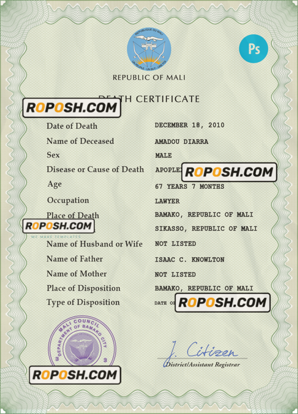 Mali death certificate PSD template, completely editable scan effect