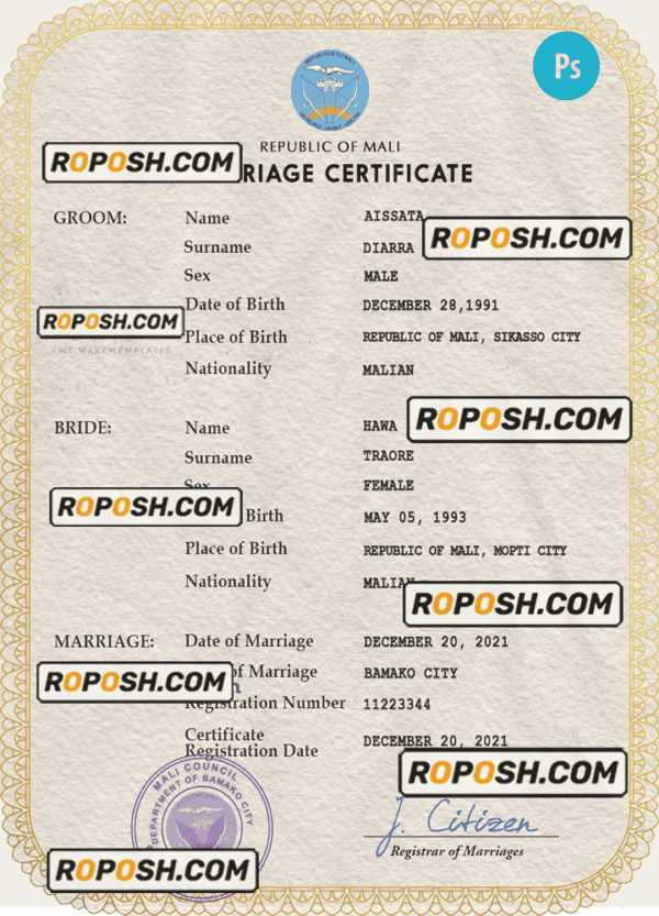 Mali marriage certificate PSD template, completely editable