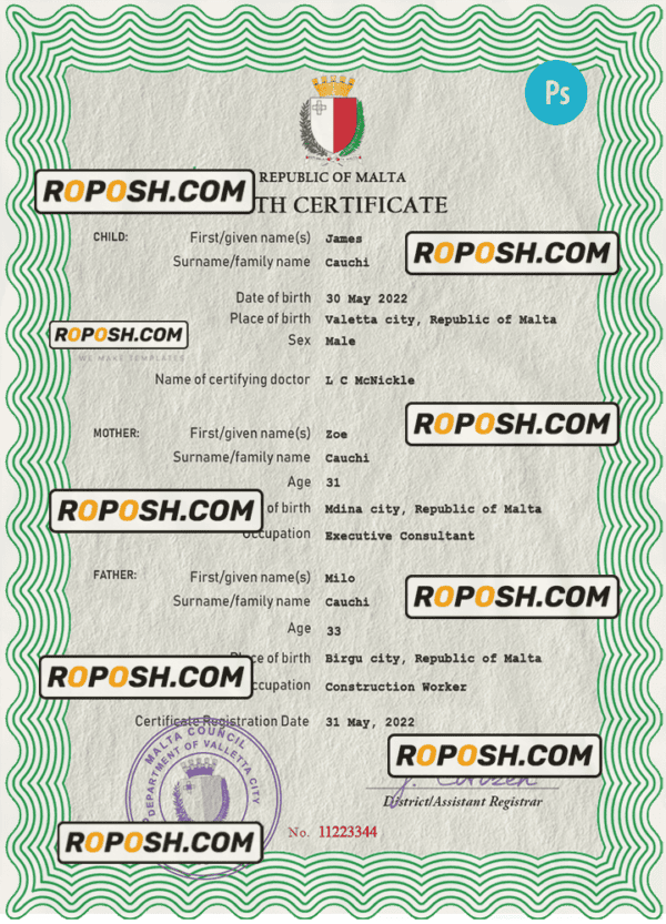 Malta vital record birth certificate PSD template