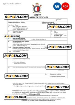Malta death certificate Word and PDF template, completely editable