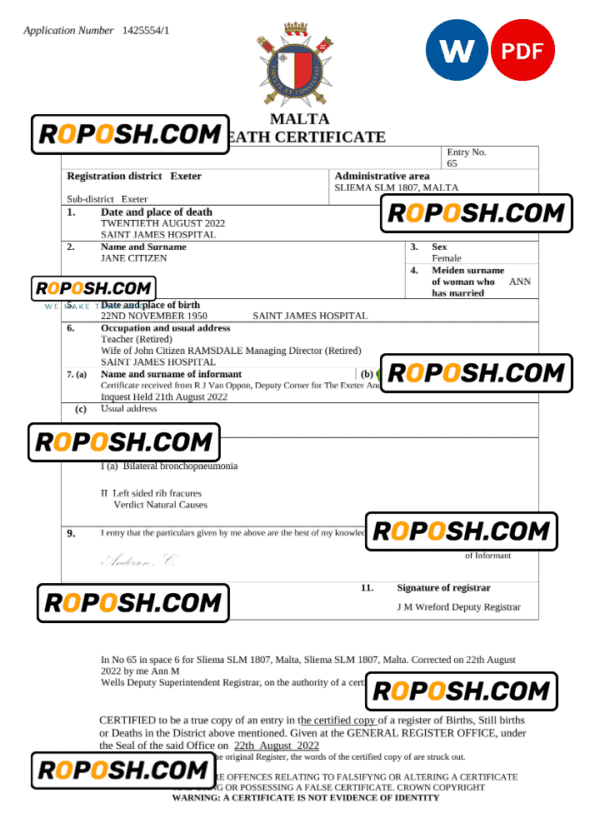Malta death certificate Word and PDF template, completely editable